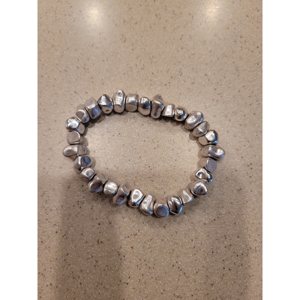 Silver Tone‎ Pebble Bead Stretch Bracelet Polished Irregular Nugget Design